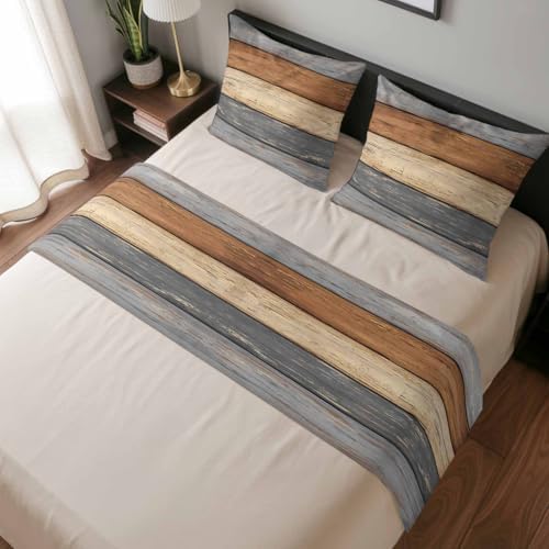 Bed Runner for King Size Bed, Farmhouse Haze Blue Brown Decorative Beds Runners and 2 Matching Pillow Covers Set, Vintage Wooden Striped Beds Scarf Throw for Foot of Bedding Set for Hotel/Bedroom - Image 6