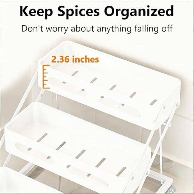 Ceetug 3 Tier Foldable Spice Rack for Countertop Iron Kitchen Seasoning Organizer for Cabinet, White