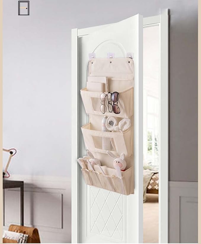 Over Door Hanging Storage Bags Foladble Multifunctional Storage Bags Organizer with 3Pcs Adhesive Wall Hooks for Wall/Bedroom/Bathroom/Door/Closet 15.7"×35.4×3.5” - Beige