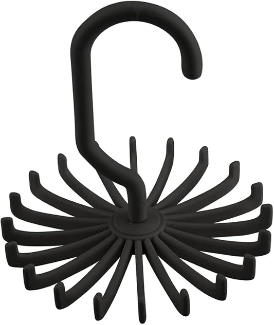 Tie Rack, 360 Degree Rotatable Belt and Scarf Hanger, 20 Hook Organizer, Black, PP Material, Space Saving Closet Storage, 4.3x4.3x0.6 Inch
