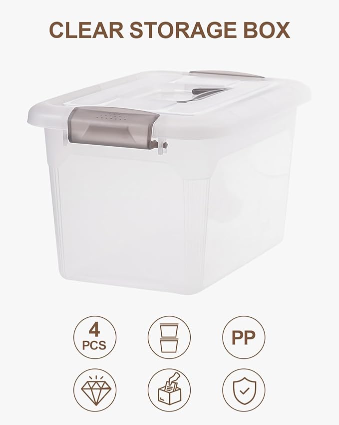 Citylife 4 Packs 6 QT Storage Bins with Lids Clear Plastic Bins with Grey Handle Stackable Storage Containers for Organizing