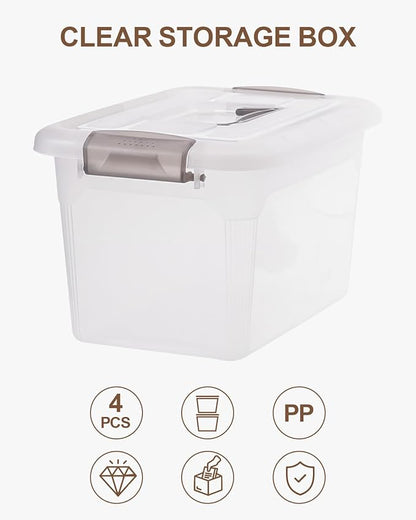 Citylife 4 Packs 6 QT Storage Bins with Lids Clear Plastic Bins with Grey Handle Stackable Storage Containers for Organizing