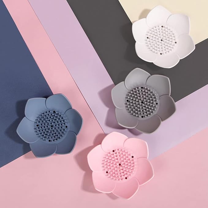 Silicone Soap Dishes with Draining. Bathroom Bar Soap Holder for Shower. Soap Tray for Kitchen Sink. Flower Shape Soap Saver for Counter, Bathtub. (4 Pack, White,Grey,Pink,Blue)
