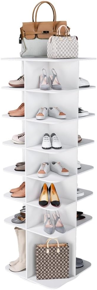 Shoe Organizer 7-Tier Spinning Shoe Rack - 360° Rotating Storage Organizer for 20-30 Pairs, Space Saving Narrow Design for Entryway/Closet Closet Handbag Display Rotate (White + Square)