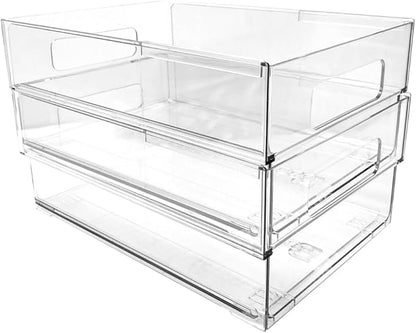 Isaac Jacobs 2-Pack Clear Expandable Storage Bins - Medium, 11"-19" L x 8.5" W x 4.8" H, Plastic Organizer with Cut-Out Handles, Adjustable Length from 11-19" for Home, Kitchen & Office