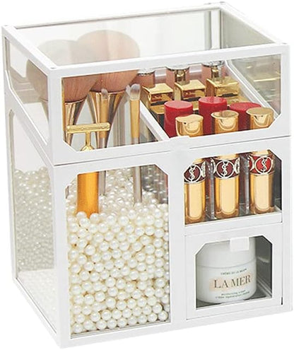 MOOCHI White Vintage Glass Cosmetic Multifunctional Makeup Organizer with Pearls Dustproof Cosmetics Storage Display Case For Brushes Lipsticks