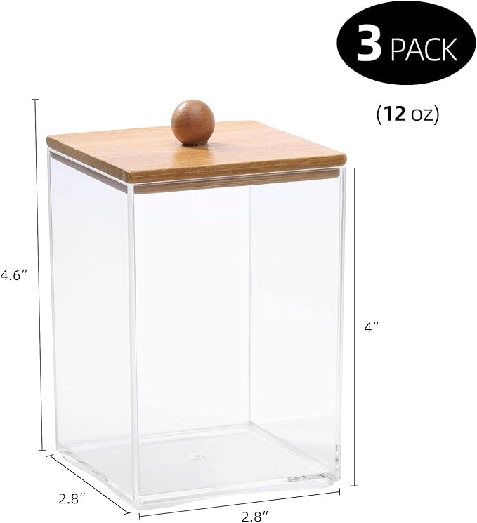 Tbestmax 3 Pack Square Qtip Holder - 12 oz Bathroom Organizers and Storage Containers, Plastic Apothecary Jars with Bamboo Lids for Cotton Ball, Cotton Swab, Floss