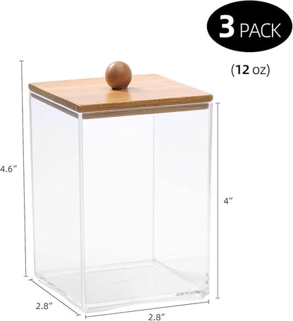 Tbestmax 3 Pack Square Qtip Holder - 12 oz Bathroom Organizers and Storage Containers, Plastic Apothecary Jars with Bamboo Lids for Cotton Ball, Cotton Swab, Floss