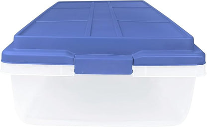 63-Quart Clear Latching Storage Bin with Secure Smoke Blue Lid, Durable Plastic Container for Home Organization