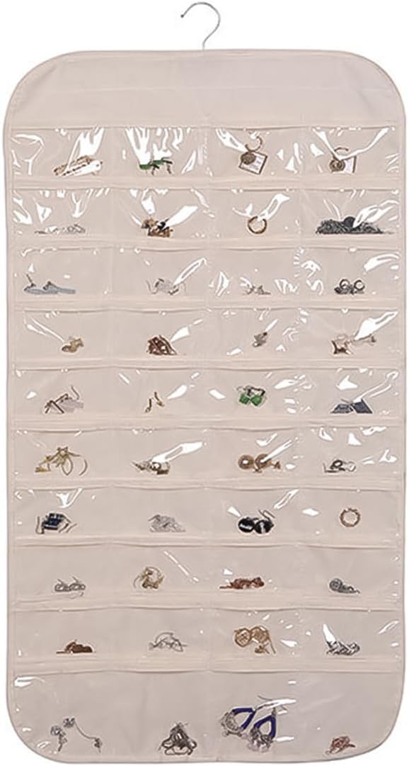 Hanging Jewelry Organizer Double Sided Necklace Storage Holder with 80 Clear Pockets Portable Necklace Holder Jewelry Bag for Earrings Necklace Bracelet (Beige 1PC)