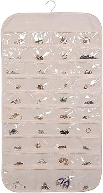 Hanging Jewelry Organizer Double Sided Necklace Storage Holder with 80 Clear Pockets Portable Necklace Holder Jewelry Bag for Earrings Necklace Bracelet (Beige 1PC)