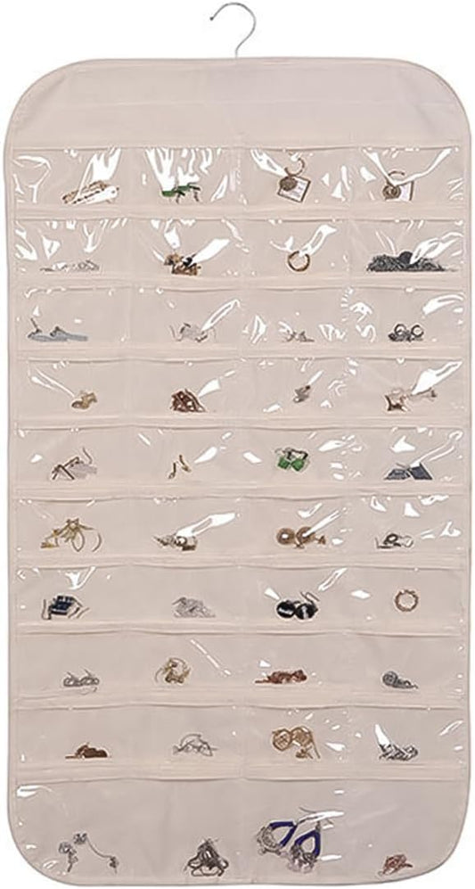 Hanging Jewelry Organizer Double Sided Necklace Storage Holder with 80 Clear Pockets Portable Necklace Holder Jewelry Bag for Earrings Necklace Bracelet (Beige 1PC)