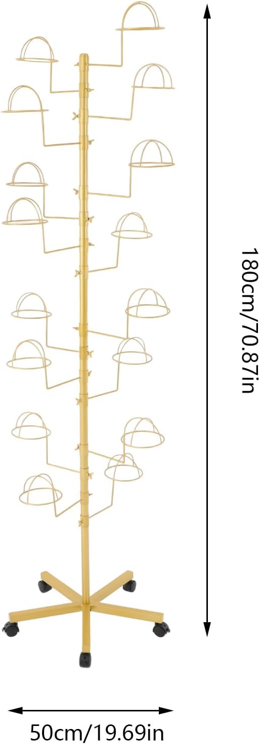 Hat Rack with 16 Circular Hooks, Metal Hat Display Stand, Freestanding Rotating Hat Stand, Adjustable Large Hats Display Rack, Modern Floor Wig Rack for Home Retail Store (Gold)