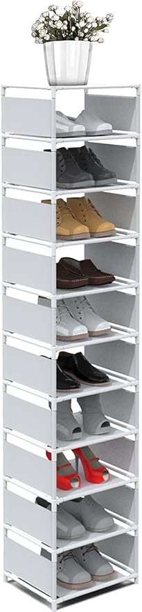 10 Tier Vertical Shoe Rack - White Narrow Shoe Rack for Closet & Entryway, Space Saving Tall Shoe Organizer for Small Spaces, Sturdy Skinny Shoe Tower Stand for Boots & Heels