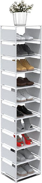 10 Tier Vertical Shoe Rack - White Narrow Shoe Rack for Closet & Entryway, Space Saving Tall Shoe Organizer for Small Spaces, Sturdy Skinny Shoe Tower Stand for Boots & Heels