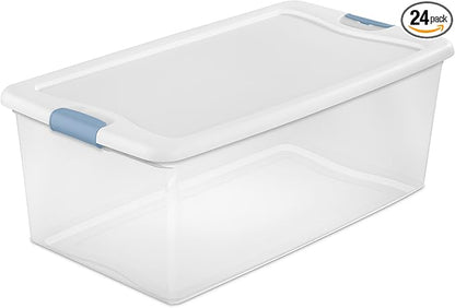 Sterilite 24-Pack Latching Box, Under Bed Storage Bins with Lids, Clear Plastic, 106 Quart - Heavy-Duty Organizing Containers for Closet, Bathroom, and Office