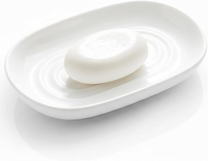 OTHIX Ceramic White Soap Dish for Shower & Bathroom Sink, Decorative Bar Soap Holder for Kitchen, Cute Soap Dishes Tray for Sponges, Jewelry (White)