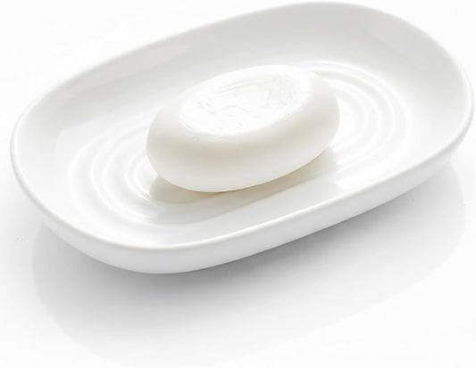 OTHIX Ceramic White Soap Dish for Shower & Bathroom Sink, Decorative Bar Soap Holder for Kitchen, Cute Soap Dishes Tray for Sponges, Jewelry (White)