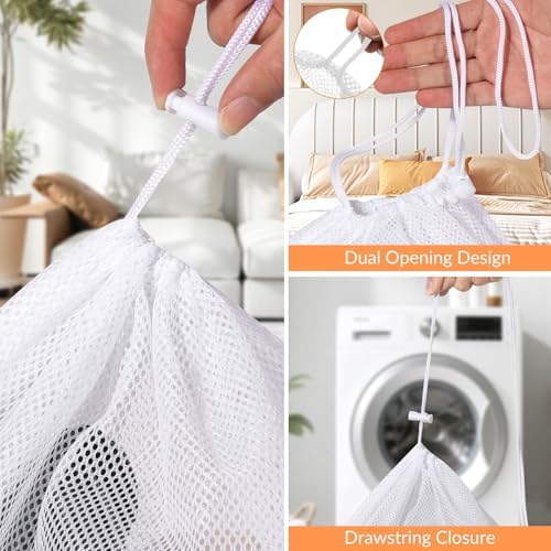 2 Pack Mesh Laundry Bags - Large & Small Heavy Duty Mesh Laundry Bag with Drawstring, Wash Bags for Travel, College, Dorms, Sports, Family, White - Image 3