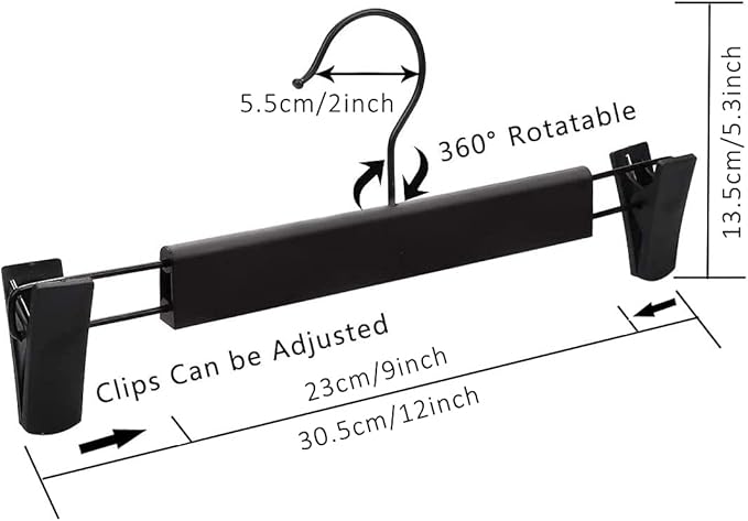 Pants Hangers Skirt Hangers,20 Packs Black Plastic Dress Trousers Hanger with Non-Slip Big Clips and 360 Rotatable Hook