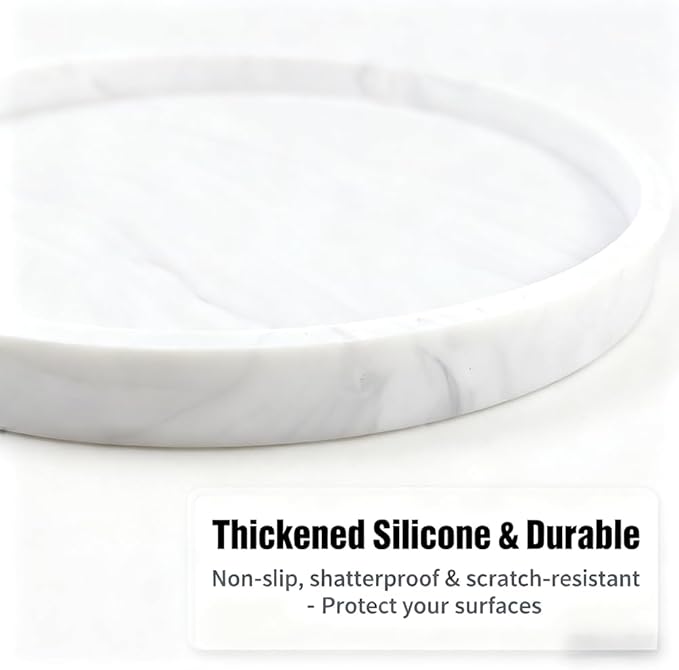 Silicone Bathroom Tray - 9-Inch Round Vanity Tray, Suitable for Candles, Perfumes, Soap Dispensers (Marble White)