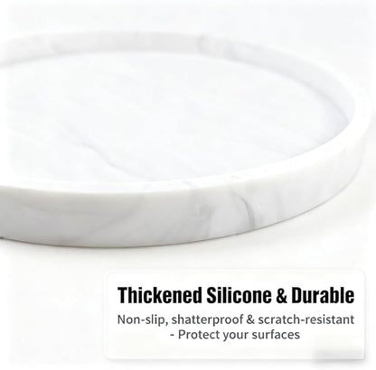 Silicone Bathroom Tray - 9-Inch Round Vanity Tray, Suitable for Candles, Perfumes, Soap Dispensers (Marble White)