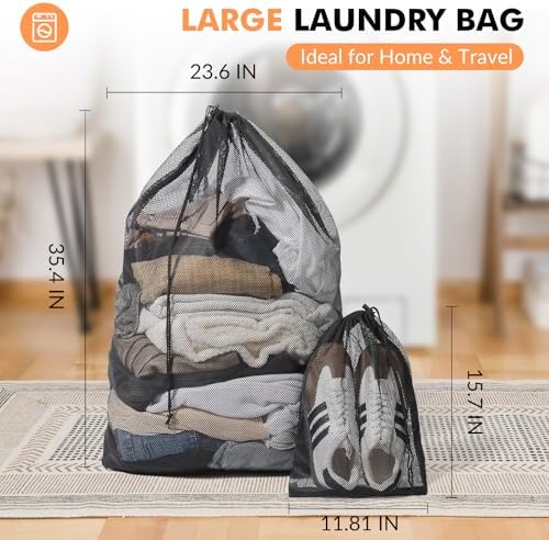 2 Pack Mesh Laundry Bags - Large & Small Heavy Duty Mesh Laundry Bag with Drawstring, Wash Bags for Travel, College, Dorms, Sports, Family, Black - Image 2