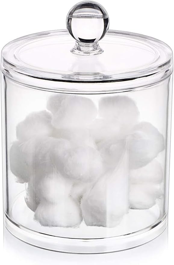 Acrylic Makeup Organizer Cosmetic Storage Display Case Makeup Brush Cotton Ball Pads Swab Q-tip Holder Lipstick Dispenser Canister Bathroom Container (3.7x3.7x3.9in, 1 Box, Clear)