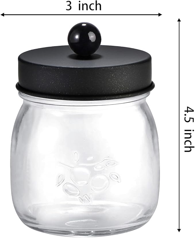 SheeChung 4 Pack Apothecary Jars with Lids, Bathroom Organizers and Storage, Qtip Holders Set, Bathroom Decor, Small Mason Jars for Q-tips, Cottons, Floss, Balls, Cotton Swabs-Black