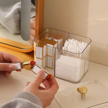 Qtips Holder Bathroom Container, 3-Section Bathroom Organizer Dispenser ,3 Grids Cotton Ball/Swab/Pad Holder ,Jar Organizer Cosmetics Storage for Vanity Clear