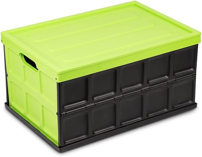 Glad Collapsible Storage Bin with Lid - 48L Foldable Plastic Box for Garage, Car Trunk, and Organization - Stackable Lidded Container with Handles, Green