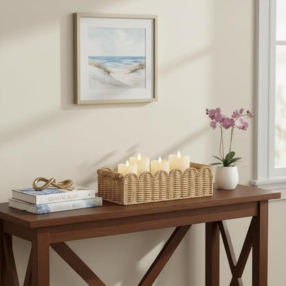 CubesLand Scalloped Edge Toilet Paper Storage Basket, Living Room Home Cozy Decor Basket, Paper Rope Small Baskets for Over Toilet Storage Shelf, End Table, Shelves, with 2 Wooden Handles, Beige