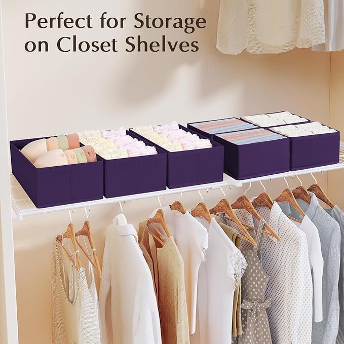 DIMJ Drawer Organizers Clothes, Set of 16 Dresser Organizer Bins, Fabric Closet Organizers and Storage, Shallow Drawer Dividers for Nursery, Clothing, Baby Clothes, Socks, Underwears, Tie (Purple)