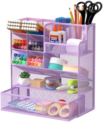 Mesh Pen Organizer for Desk, 13 Compartments with Drawer， Purple by Unknown