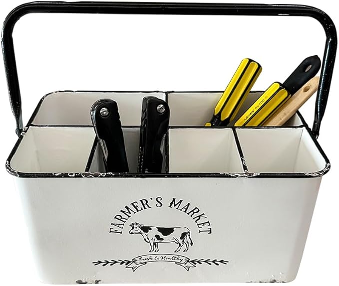 Distressed White Rustic Metal Silverware Caddy Utensil Holder with 6 Compartments & Napkin Slot – Portable for Parties, Picnics, Countertop & Kitchen