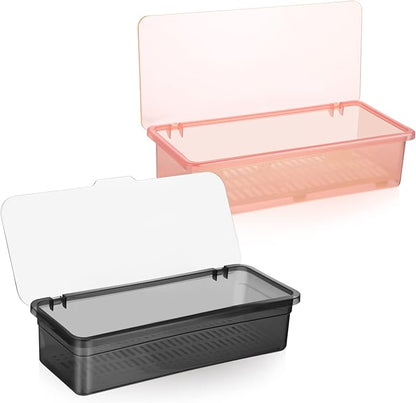 DOITOOL Spoon Organizer 2 Pcs Flatware Tray with Lid and Drainer- Black and Pink Transparent Plastic Silverware Holder- proof Silverware Tray for Drawer for Home Kitchen Accessories