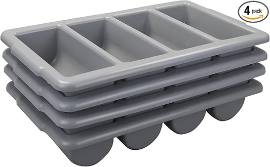4-Pack Plastic 4-Compartment Cutlery Bin, Commercial Cutlery Holder, Gray