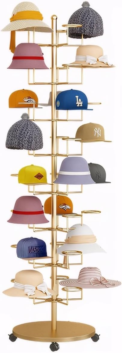 8 Tier Hat Rack with 40 Hooks for Hanging Hats or Wigs, Freestanding Hat Rack Stand, Metal Hat Organizer Rack, Rolling Retail Hat Display Rack for Home/Store (Gold,8 Tier)