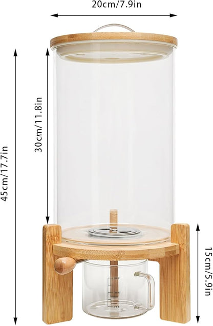 Rice Dispenser, Rice Storage Container, Glass Dry Food Storage Container with Bamboo Lid & Bottom Dispenser Valve, Kitchen Pantry Organizer for Rice, Cereal, Pet Food, Includes Measuring Cup (7.5L)