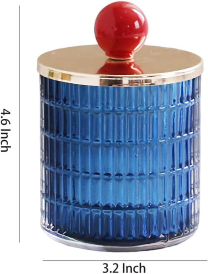 WAIT FLY Embossed Glass Cotton Swabs Dispenser with Lid Bathroom Cup Bathroom Vanity Organizer-Red