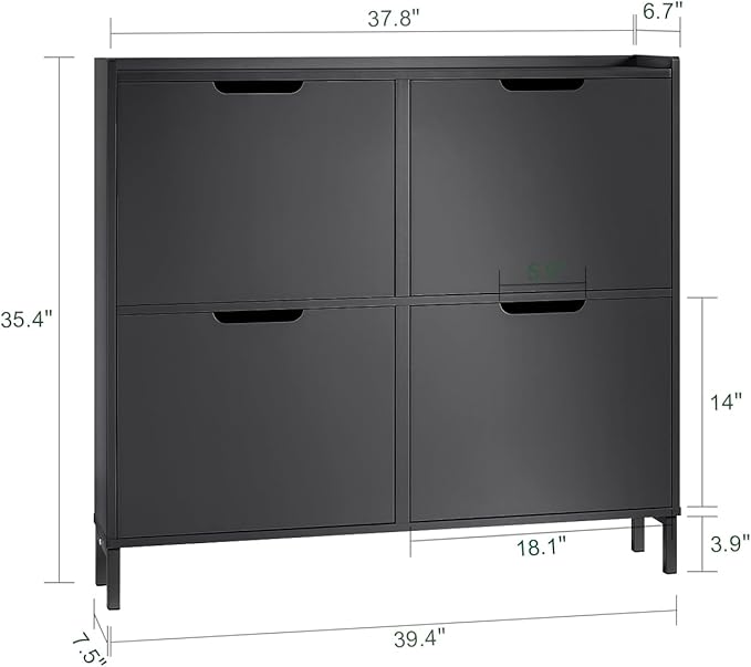 Haotian Ultra Thin Shoe Cabinet with 4 Flip-Drawers, Narrow Shoe Rack, Slim Shoe Storage Organiazer Entryway, Black, FSR100-W, 7.5" D x 39.4" W x 35.6" H