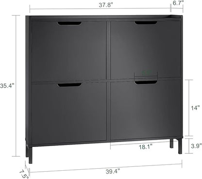 Haotian Ultra Thin Shoe Cabinet with 4 Flip-Drawers, Narrow Shoe Rack, Slim Shoe Storage Organiazer Entryway, Black, FSR100-W, 7.5" D x 39.4" W x 35.6" H