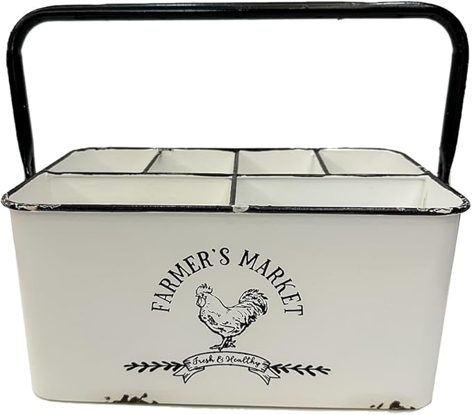 Distressed White Rustic Metal Silverware Caddy Utensil Holder with 6 Compartments & Napkin Slot – Portable for Parties, Picnics, Countertop & Kitchen