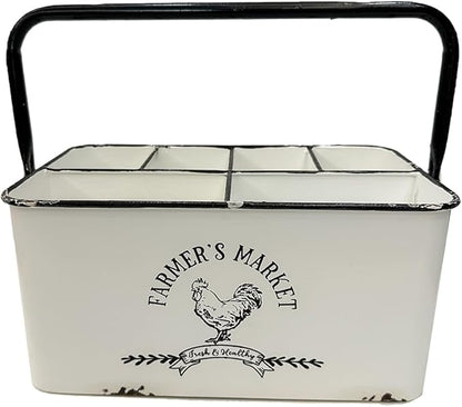 Distressed White Rustic Metal Silverware Caddy Utensil Holder with 6 Compartments & Napkin Slot – Portable for Parties, Picnics, Countertop & Kitchen
