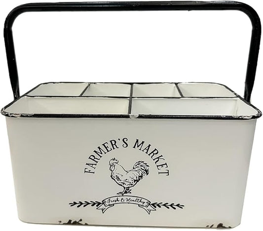 Distressed White Rustic Metal Silverware Caddy Utensil Holder with 6 Compartments & Napkin Slot – Portable for Parties, Picnics, Countertop & Kitchen
