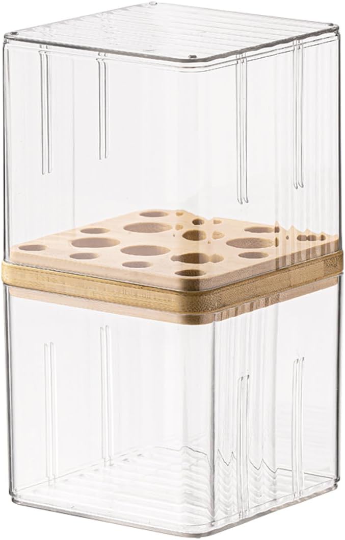 Clear Makeup Brush Organizer with Lid, Freestanding 16-Slot Display Case Container Storage for Eyeliners, Lip Liners, Pencils Vanity or Bathroom Countertop Storage
