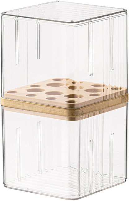 Clear Makeup Brush Organizer with Lid, Freestanding 16-Slot Display Case Container Storage for Eyeliners, Lip Liners, Pencils Vanity or Bathroom Countertop Storage