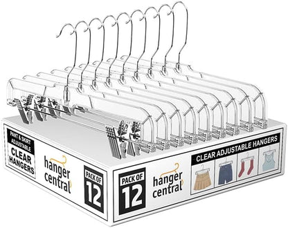 Premium 14 Inch Clear Pants Hangers with Adjustable Clips - 12 Pack Space-Saving Skirt Hangers - Non-Slip Heavy Duty Plastic Closet Organizers with 360° Swivel Hook