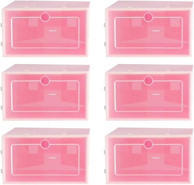 Cabilock 6pcs Transparent Pink Shoe Box Stackable Foldable Storage Shoe Box Clear Plastic Shoe Boxes Shoes Boxes for Home Room Sneakers High Heels Slippers