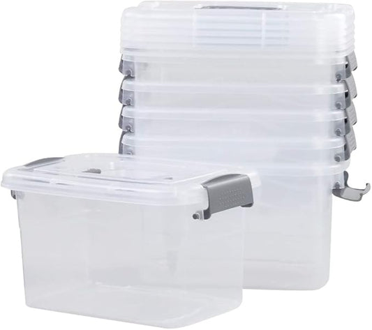 6-Pack Home Storage Bins, Plastic Container, Latching Box with Handle (Grey handle)
